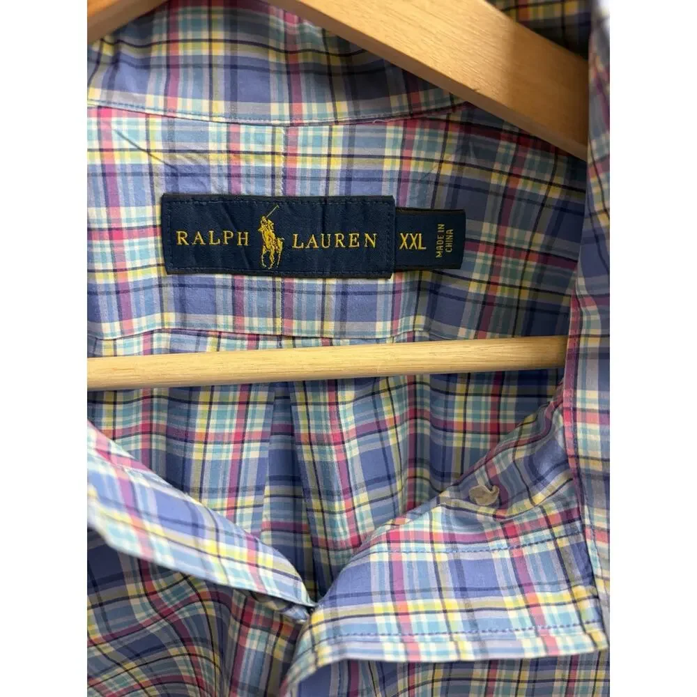 Polo Ralph Lauren Shirt Men’s XXL Blue Multicolor Plaid Cotton Button Down Pony